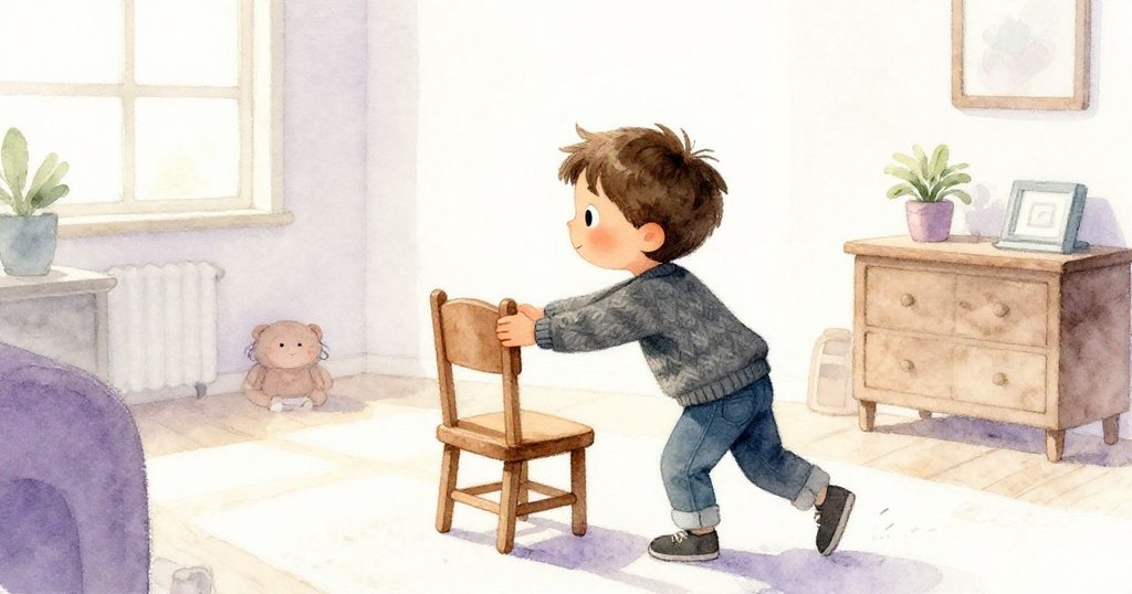 從背後看Sam推椅子，背景有溫暖晨光與木製家具，Sam正努力移開物件以接近神秘彈珠。