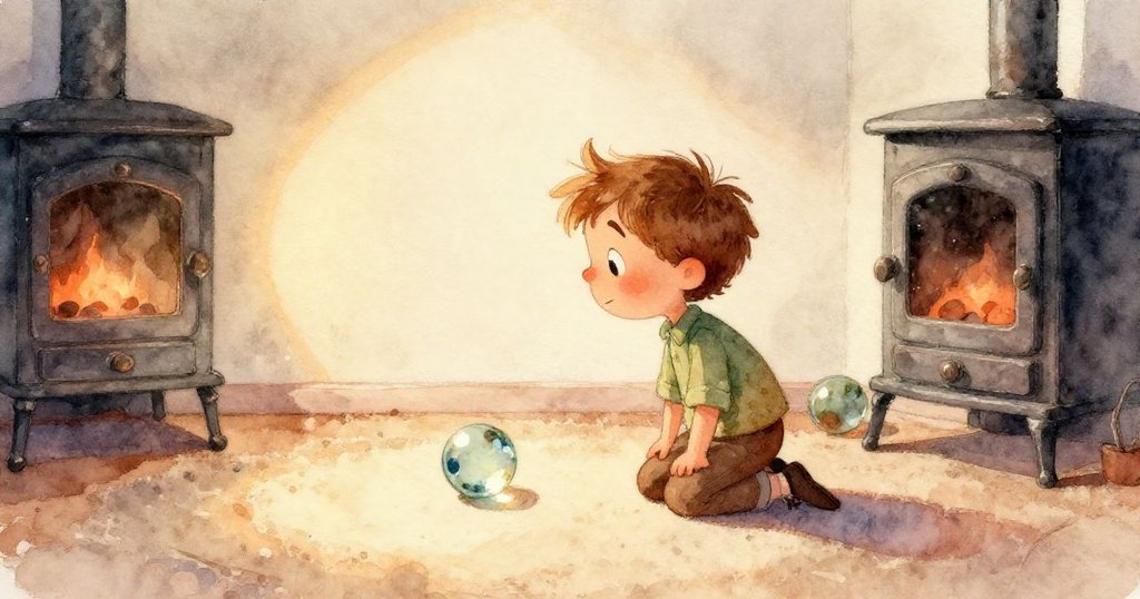 彈珠悄然滾入爐灶後隱秘空間，家具輕微碰撞，營造出家庭環境中的小冒險與神秘情調。