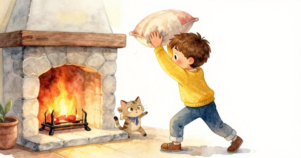 Sam果斷抬起擋火的軟墊，旁邊貓咪好奇注視，壁爐火光映出家庭溫情與決斷瞬間。