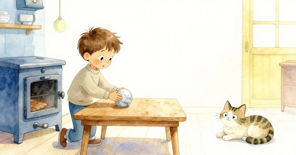 Sam將彈珠放回桌上並關閉爐門，貓咪靜靜陪伴，房間恢復寧靜溫馨，結束了一天的冒險。