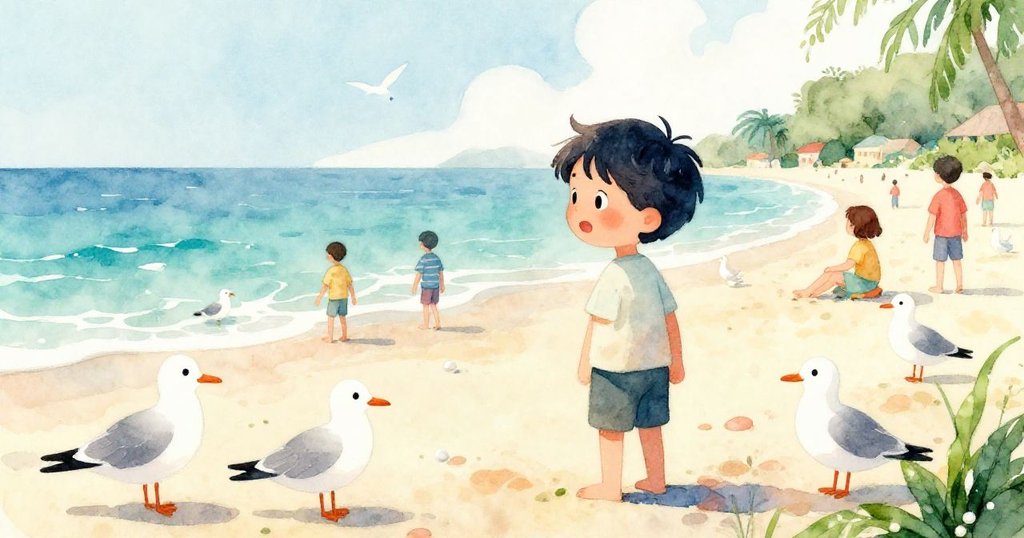 Leo站在繁忙海邊與海鷗和遊客互動，感受海風與晨光，臉上展現興奮與期待。