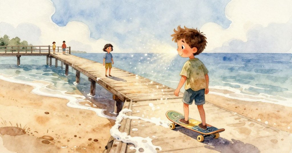 Leo專注的小手在穿滑水板繩索，背景隱現海洋與浪花，透露出堅毅與細心。