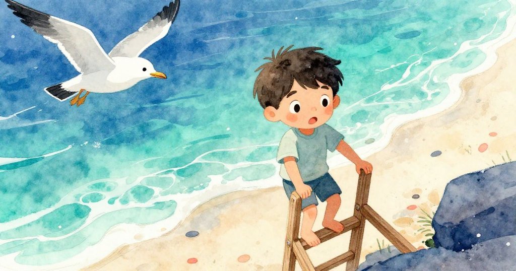 海鷗視角捕捉到Leo從木梯上下海，背景藍天白浪交織，充滿冒險與期待。