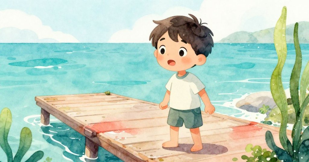 Leo在夏日晨光中於潮濕碼頭準備下海，背景呈現金沙與閃爍海浪，透露堅定與期待。