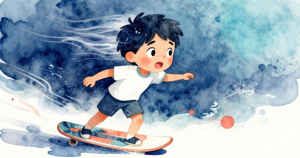 Leo面對突來狂風，神情緊張抓緊滑水板，背景海浪翻騰充滿懸念與動態感。