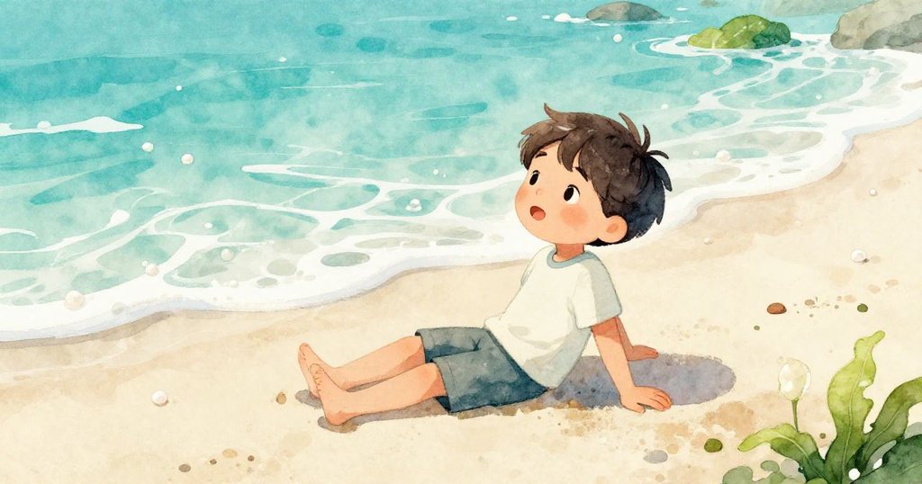 Leo在平靜沙灘上休憩，臉上露出滿足微笑，背景夕陽與柔和海浪營造出恬靜氛圍。