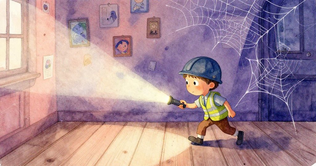 Lewis小心踩在老舊樓板上，室內充滿飛舞蜘蛛網與剝落海報，燈光打出層次感，顯得古舊而神秘。