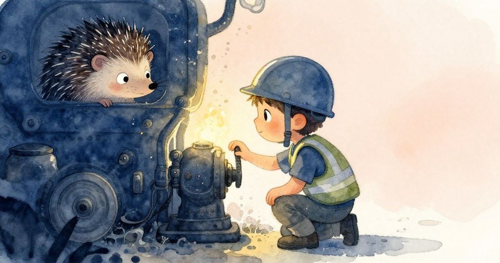 Lewis蹲在油跡斑斑的機械旁，灰塵如水中漂浮，遠處一隻刺蝟好奇探出頭來，畫面朦朧而神秘。