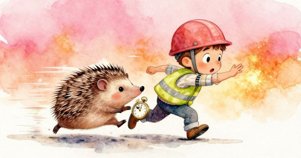 Lewis驚訝地注視刺蝟攜懷錶急速穿過，動態軌跡流光溢彩，畫面充滿活力與緊張追逐感。