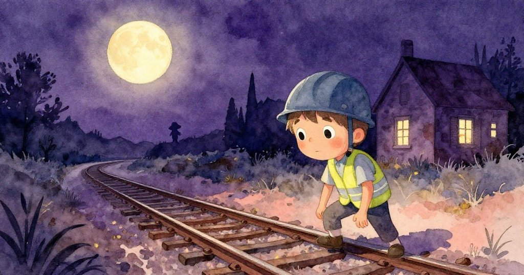 夜深月下，Lewis靜靜放下破懷錶，背景中鏽蝕鐵軌與信號房在柔光下展現淡淡哀愁，意境深遠。