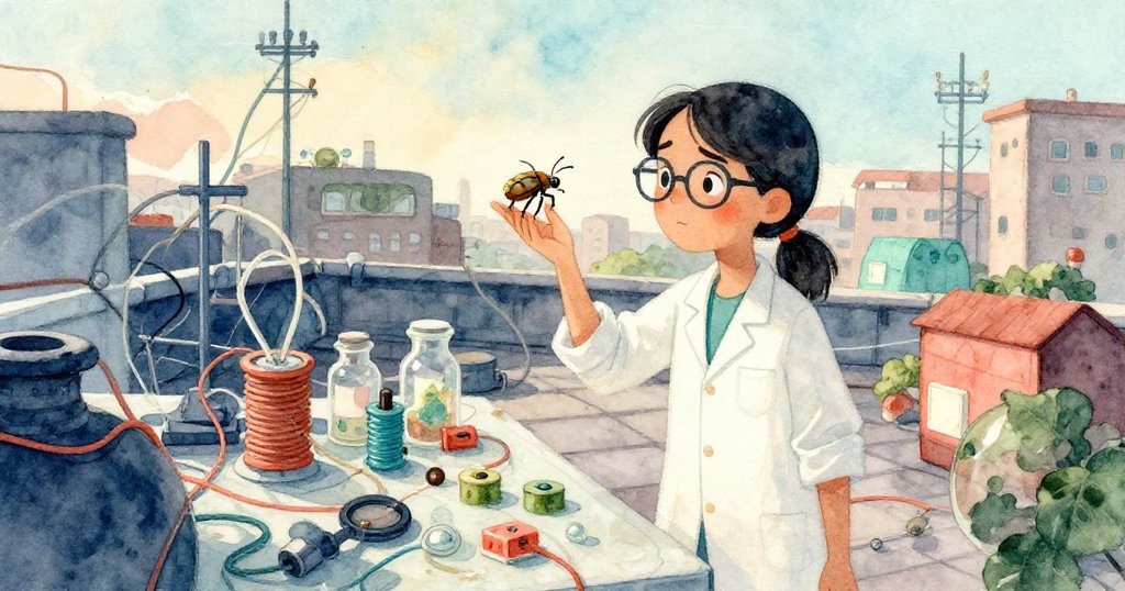 艾塔在實驗室中,以傾斜視角平衡著微小的機械甲蟲,細緻觀察亂中有序的工作台,神情專注充滿決心