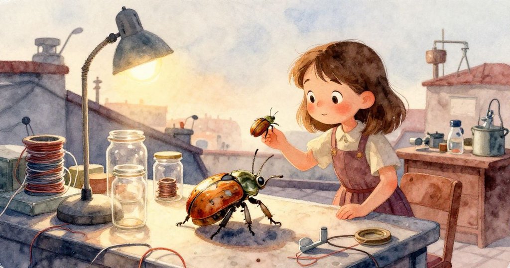 艾塔的手指輕輕托起精緻的機械甲蟲,極近細節展示齒輪與微電機,充滿好奇與悉心照料