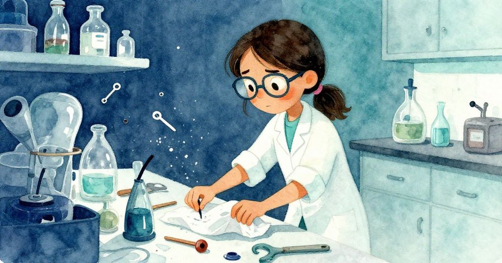 艾塔在傾斜視角中忙碌整理工作台,動作活躍收集工具零件,神情堅定迎向挑戰