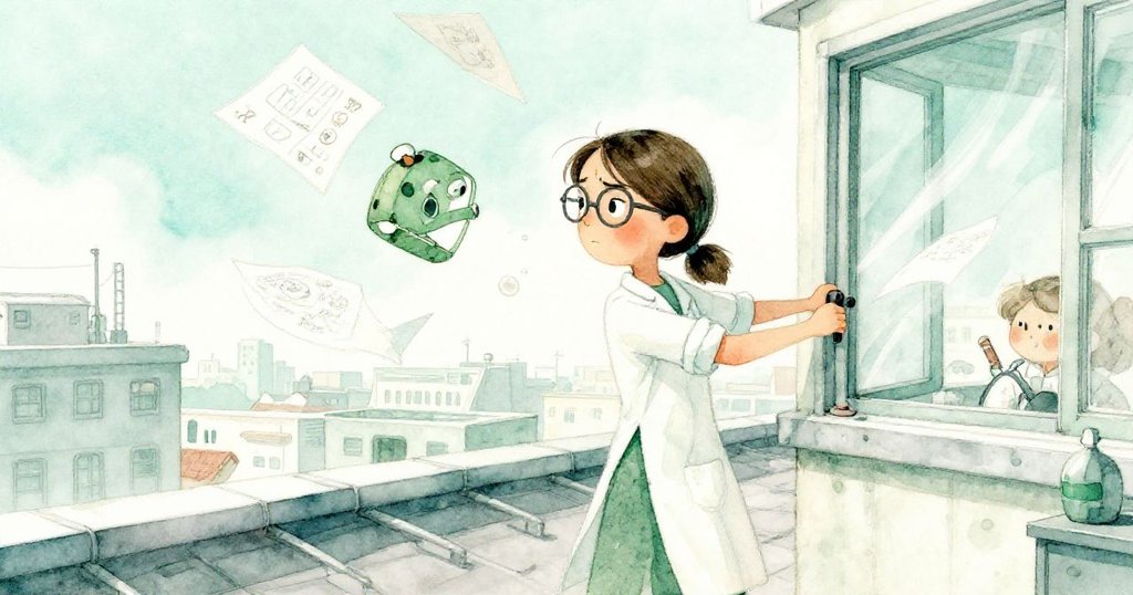 艾塔從高視角拉動卡住的窗扳,風勢頓起捲起紙張與素描,神情果敢展現實驗室的動態活力