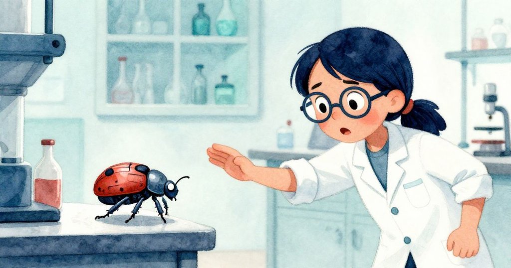 艾塔驚訝伸手攔阻滑落的機械甲蟲,緊張瞬間呈現窗台邊急促動作與四散物品的混亂場景