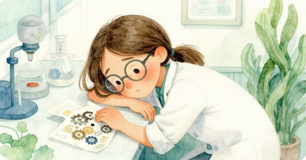 艾塔靜坐於實驗台旁細讀摺痕筆記本,臉上展露平靜自省,周圍齒輪與紙張靜默見證風波過後的寧和