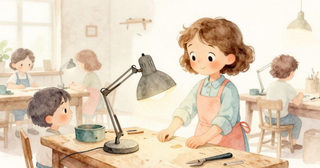 Nora在舊工坊中用心擺放桌燈，陽光透窗照射，工坊環境中展現期待與溫馨情緒。