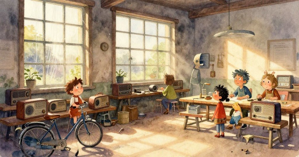 好奇工坊成員從門縫中探望紙翼飛舞，眾人暫停動作，表情充滿驚奇與期待。