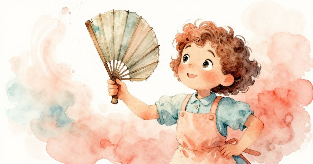 Nora注視故障風扇，扭曲護網與飛散塵埃交織出超現實幾何美感，氣氛充滿驚訝。