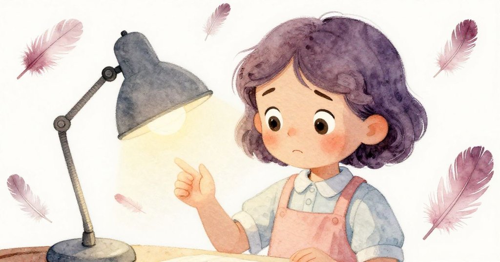 Nora凝神檢視桌燈與紙羽，臉上展露出掙扎與堅毅，內心情感複雜。