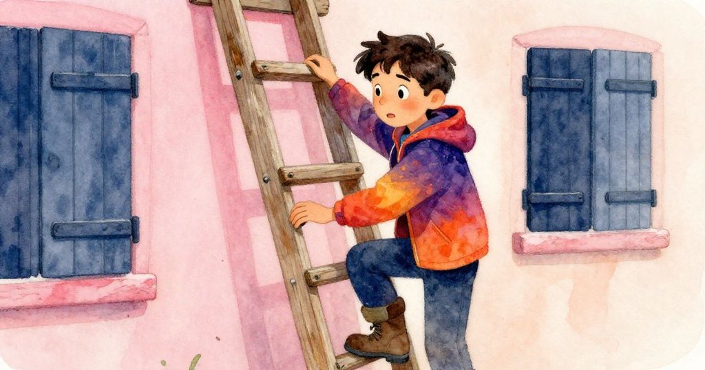 馬特奧仔細測試梯子橫檔，手觸老舊扭曲木板和歪斜的釘子，背景有輕風吹動的百葉窗，細節鮮明。