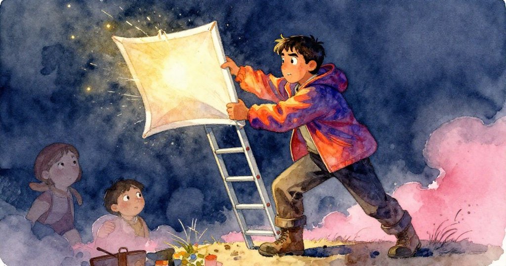 馬特奧在陣風中奮力穩定梯子，畫布被風吹起，他鎖定手肘堅定面對風暴，動作充滿張力。