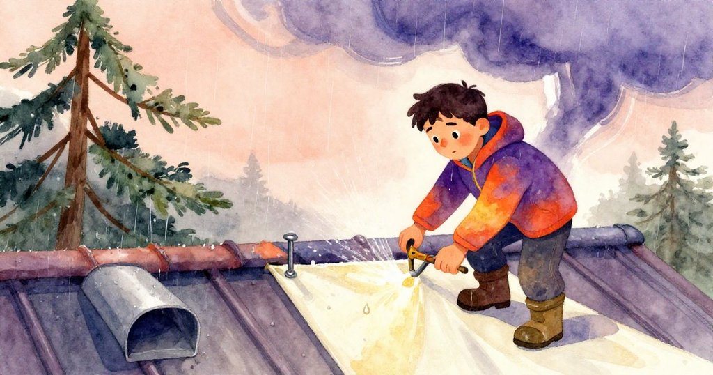 馬特奧在加強防水畫布，雨滴淅瀝拍打金屬通風口，背景中松樹搖曳，雷聲遠鳴，氣氛漸濃。