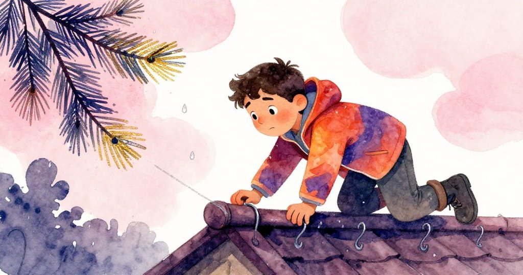 馬特奧側身爬行檢查畫布掛鉤，雨滴如小星點落下，近旁的松枝柔和搖擺，專注又堅定。