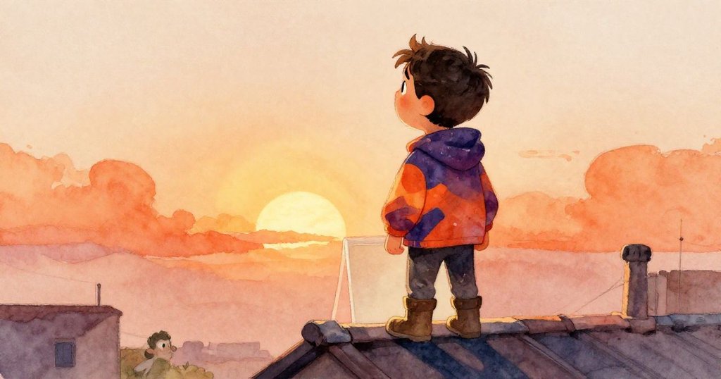 馬特奧站在屋頂上完成畫布安裝，畫布整齊平展，他滿足地望向遠方新希望，雨勢漸停，氛圍溫暖。