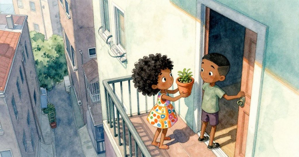 Mia 與 Joel 在早晨光線中於公寓狹窄陽台上互動，Mia 撐著陶盆，Joel 抓著門，充滿活力與期待。