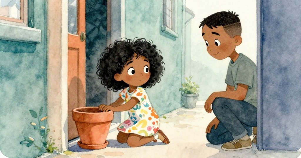 Mia 在門框旁謹慎調整陶盆，Joel 在旁凝視，空白背景突顯專注與期待的情緒。