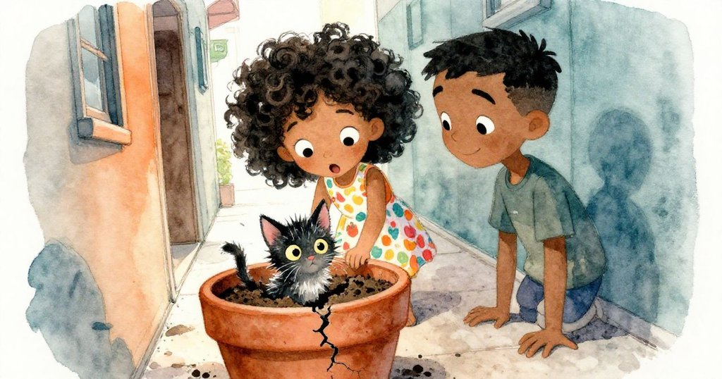 陶盆傾斜裂開時，毛球突然從土中彈出，Mia 和 Joel 露出驚訝的神情，瞬間充滿奇遇與溫馨。