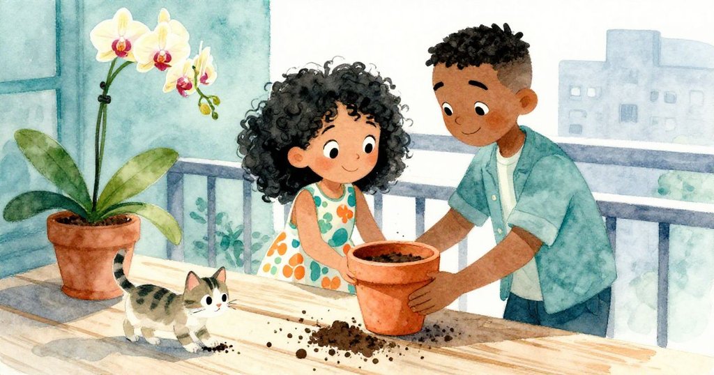 Mia 與 Joel 合作把陶盆移至陽台木板上，蘭花隨風搖曳，毛球好奇嗅聞散落土粒，情景溫馨動人。