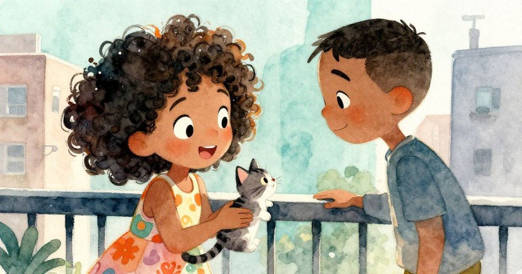 Mia 與 Joel 共享喜悅時刻，溫柔互動毛球，笑容滿面，陽台上洋溢著幸福與驚奇。