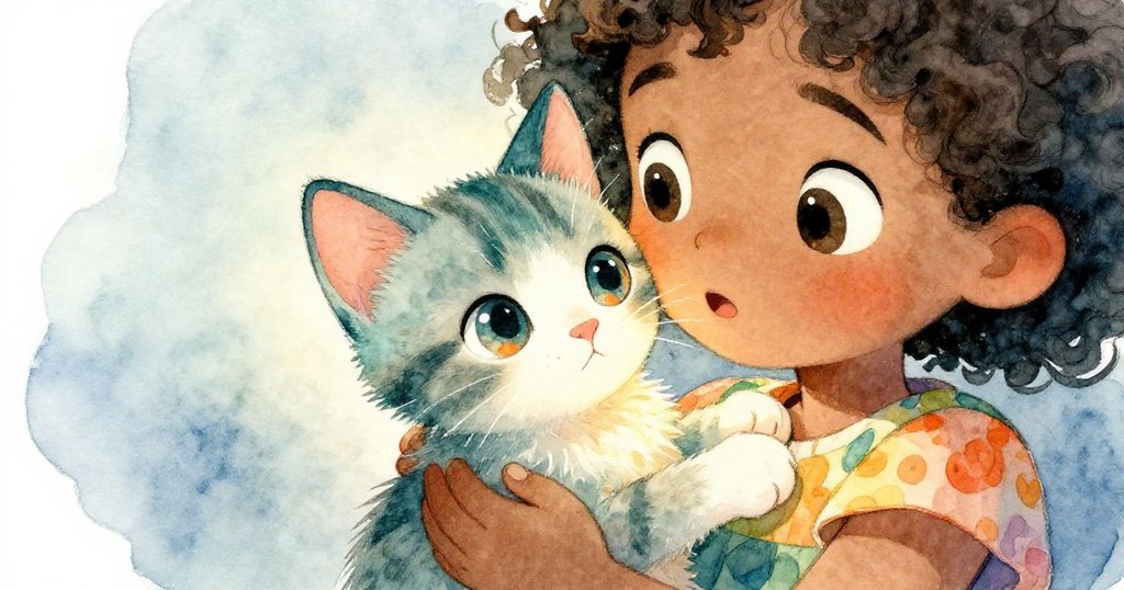 Mia 溫柔抱著毛球，小小爪子與亮眼細節展現奇妙新友誼，溫暖光影映襯下流露關愛與秘密。