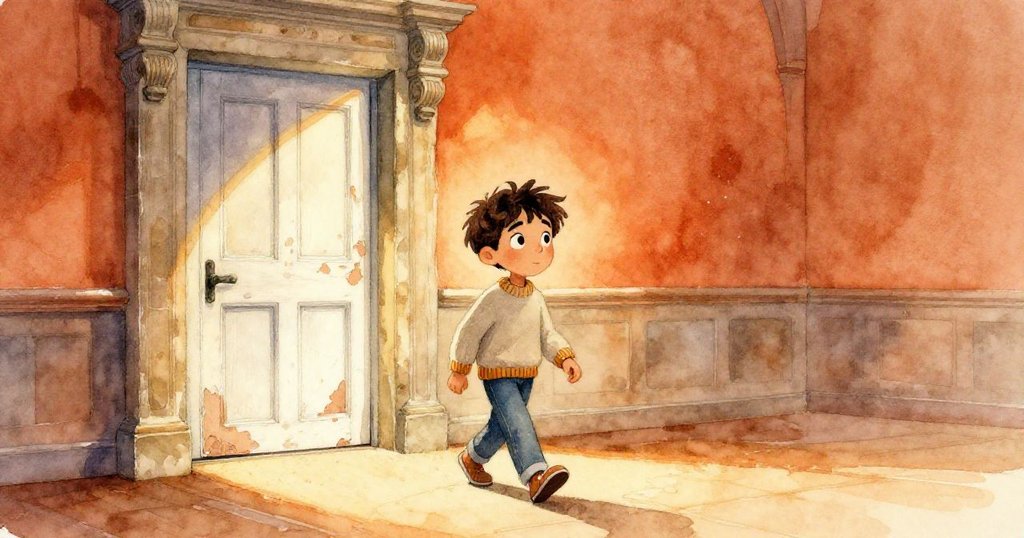 奧利安走向古老講堂大門，夕陽映出燦爛金光，他懷抱期待，背景展現剝落油漆與歷史感的石牆