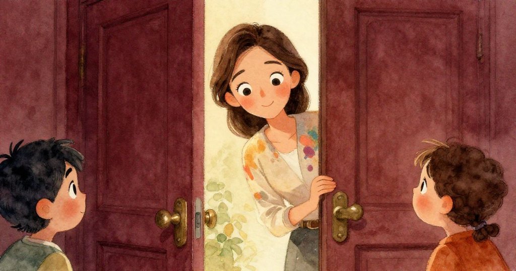 指導員從半敞的走廊門中好奇觀察室內情景，她眼神專注，背景呈現暖色修復痕跡與溫馨氛圍