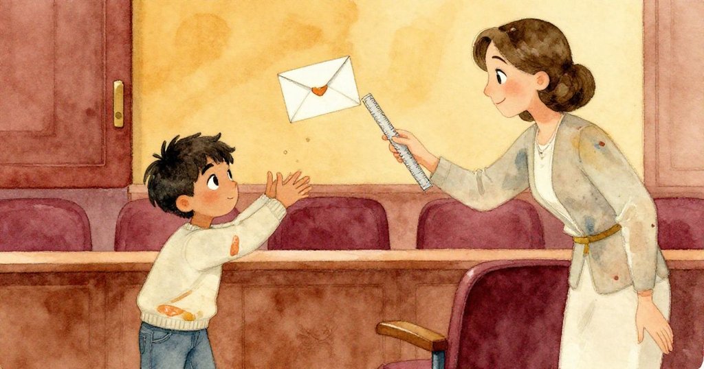 奧利安彎腰接住信封，指導員用尺輕推信封，兩人眼神交流流露感激與安心，室內氛圍溫暖