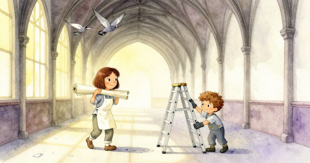 Mira與Felix在舊火車站內忙碌,畫布與梯子交織出期待氛圍,光影斑駁映出歷史感。