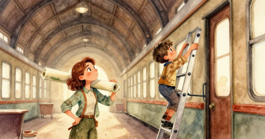 近距離呈現Mira調整畫布摺痕,生鏽銅鉤與塵埃訴說著古老車廂的秘密。