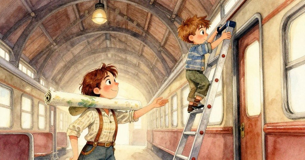 透過破裂玻璃,日光灑下塵埃如水中漂浮,營造夢幻與神秘的車廂內景。