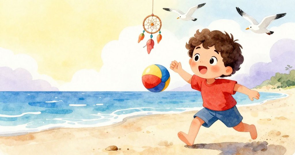 Luca在明亮海岸上快樂踢球，背景有海鷗和輕輕搖曳的夢捕網，充滿活力與愉悅情緒