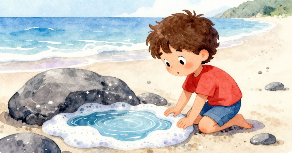 Luca蹲在岩石旁好奇觀察堆積著泡沫的小水池，背景海岸岩石環繞，神情專注