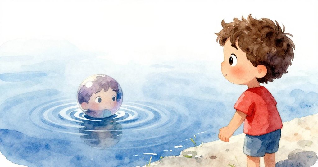 近距離捕捉海水微波中映出Luca專注臉龐及緩轉球體，展現一種溫柔神秘的海邊時刻