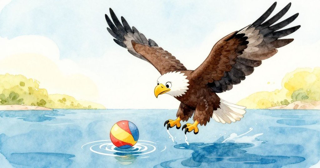 鷹隨著寧靜海水降臨，翼尖輕觸水面形成漣漪，Luca驚喜凝視被撫動的球體，現場充滿魔幻氣息