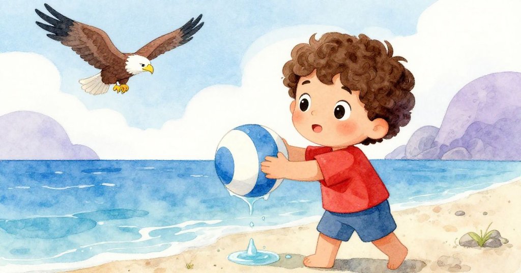 Luca溫柔握住沾著海鹽水的球，臉上流露出滿足與寧靜，背景有遠處翱翔的鷹象徵自然相依