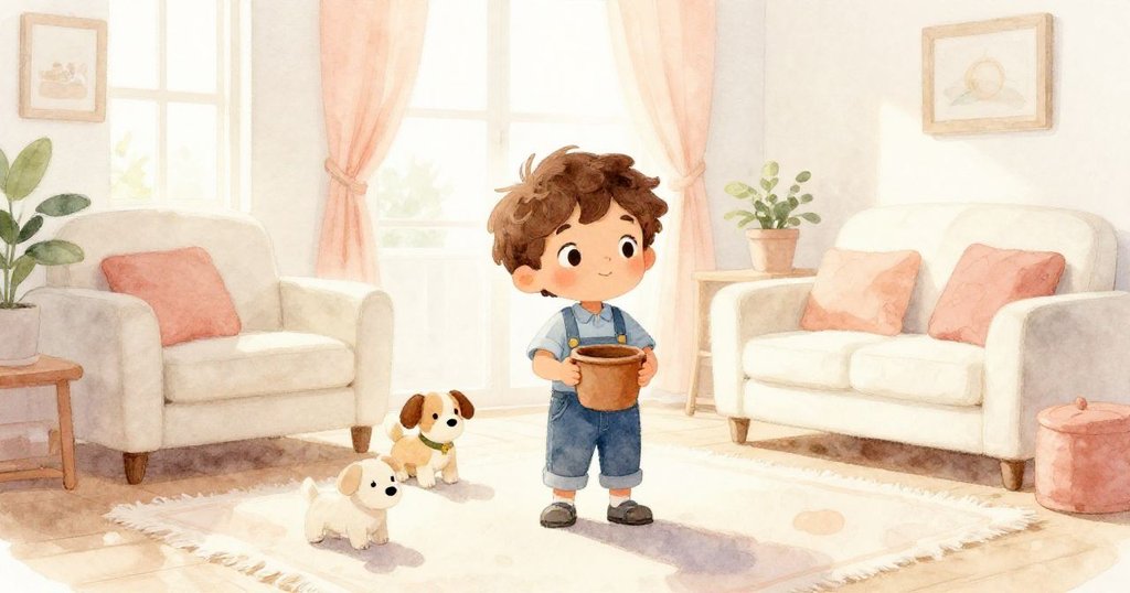 Milo在溫馨客廳中拿著鍋子，和小狗及布娃娃互動，陽光灑落，表情充滿快樂探索。