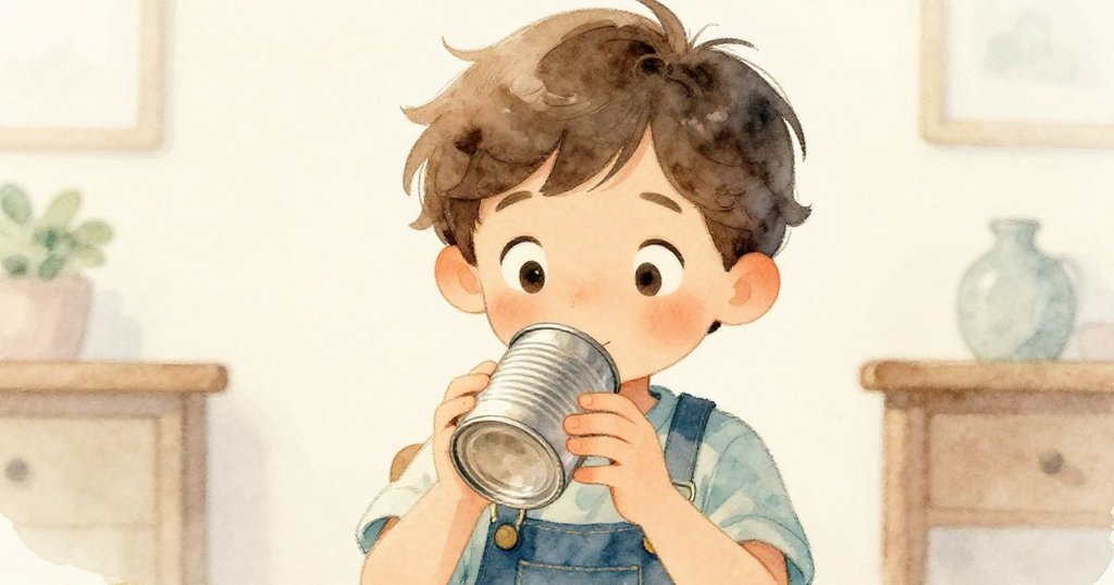 Milo在室內角落仔細觀察金屬罐，手持罐子，臉上流露出疑惑和好奇神情，細緻光影效果。