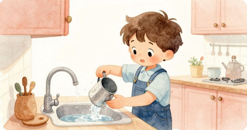 Milo在明亮廚房中輕柔注水於金屬罐，雙手穩健專注，背景展現著家的溫暖氛圍。