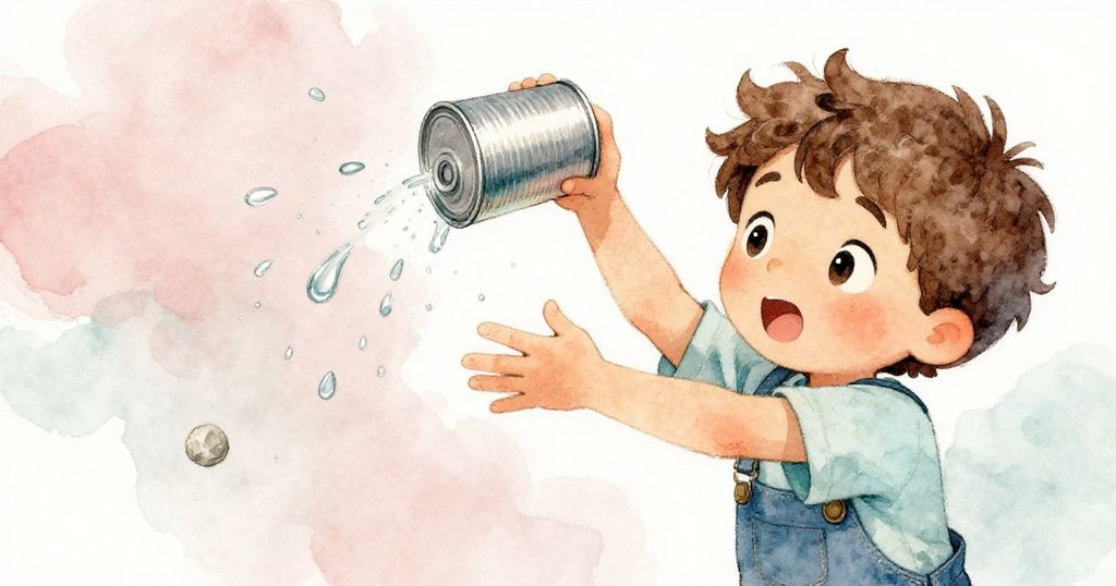 Milo在室內緊張搖晃金屬罐，試圖擺脫卡住的小石子，水滴懸浮瞬間動作強烈，表情顯得焦急。